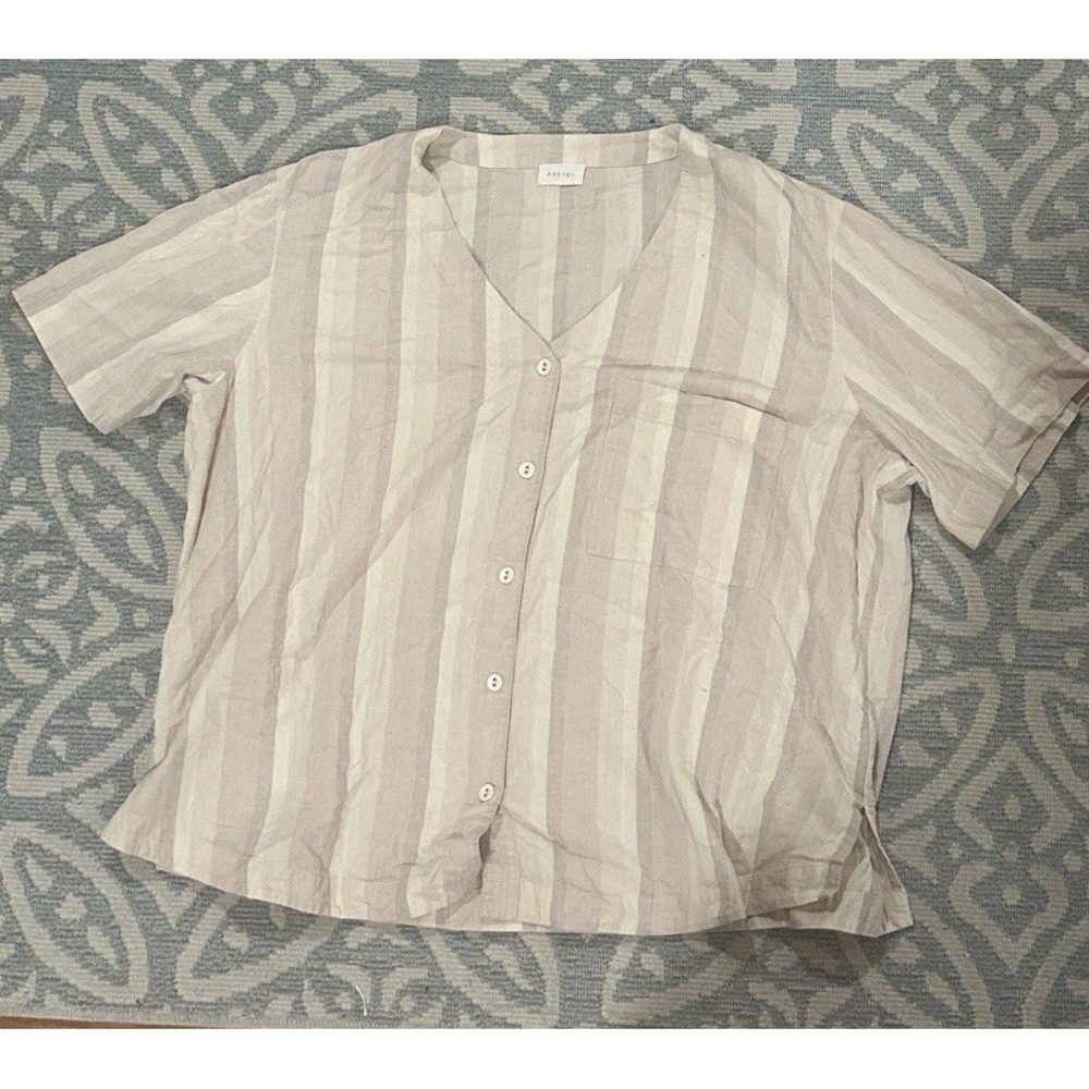 Poetry Top Blouse Linen Cotton‎ Blend Womens Button Down Short Sleeve Size 16